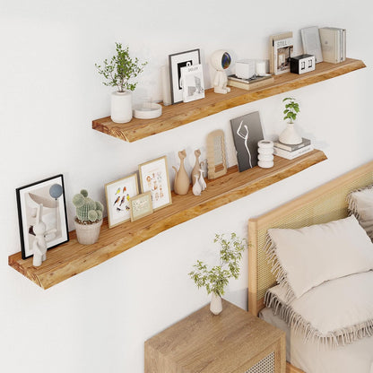 Axeman 72 inch Extra Long Floating Shelves for Wall - 8'' D Live Edge Rustic Solid Elm Wood