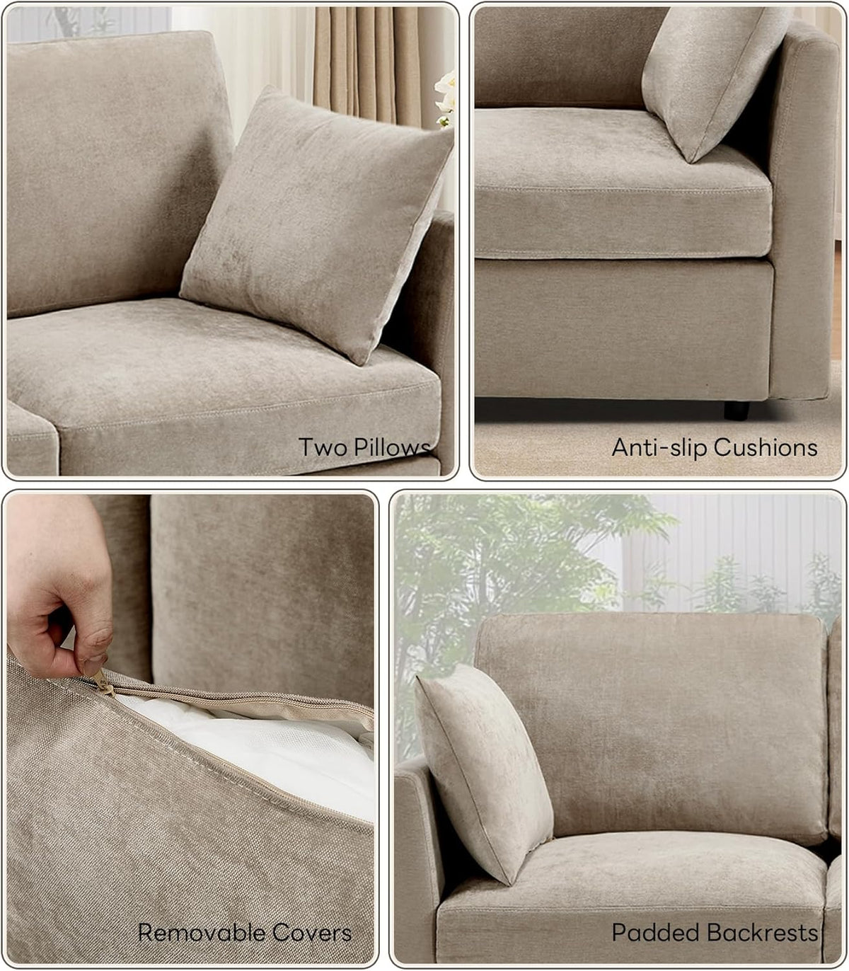 Tbfit L Shaped Couch 8 Seat, Sectional Sofa for Living Room,Chenille Cloud Couch with Ottoman, Khaki