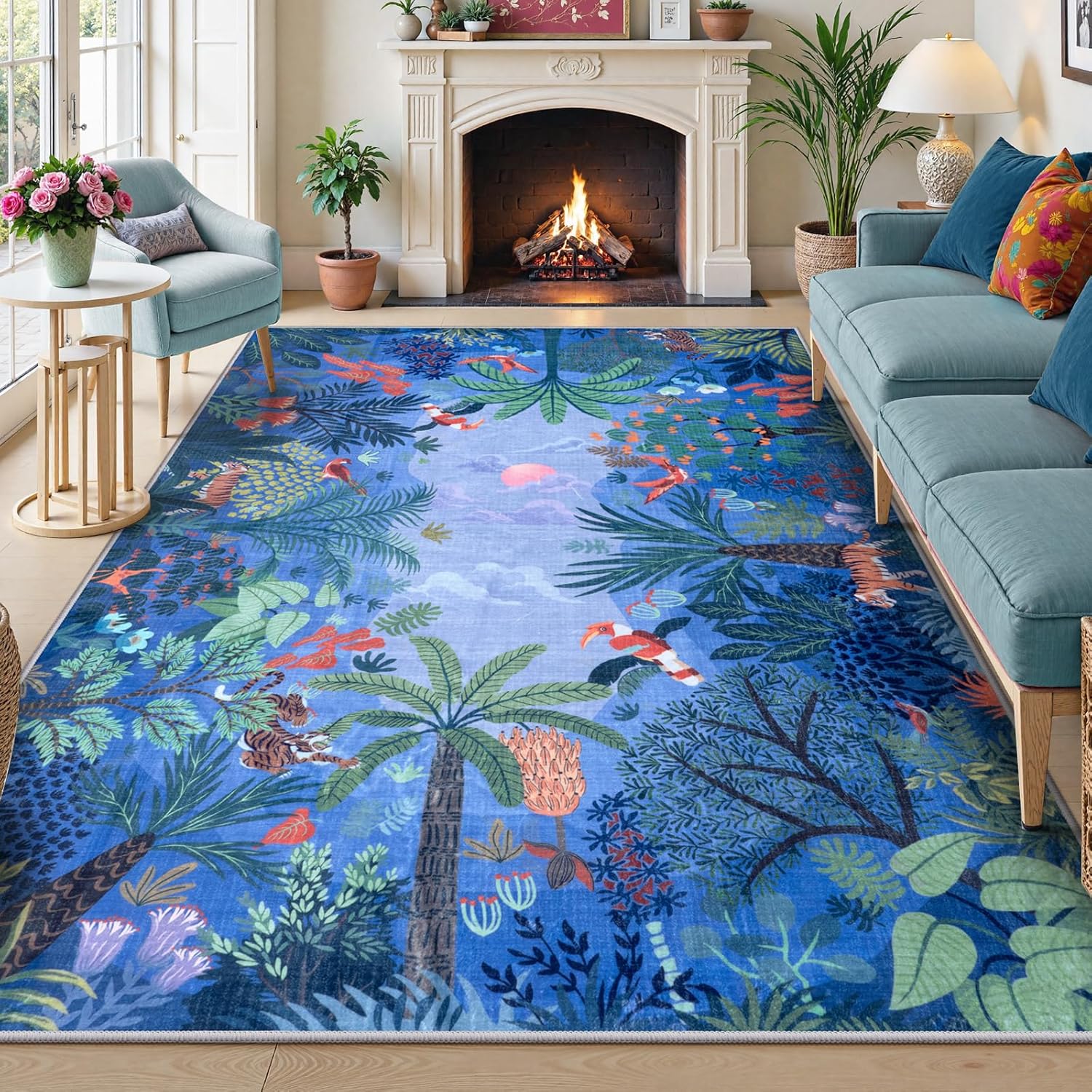 LIVEBOX Washable Bedroom Rug 8x10 Under Bed, Modern Stain Resistant Botanical Rug for Living Room
