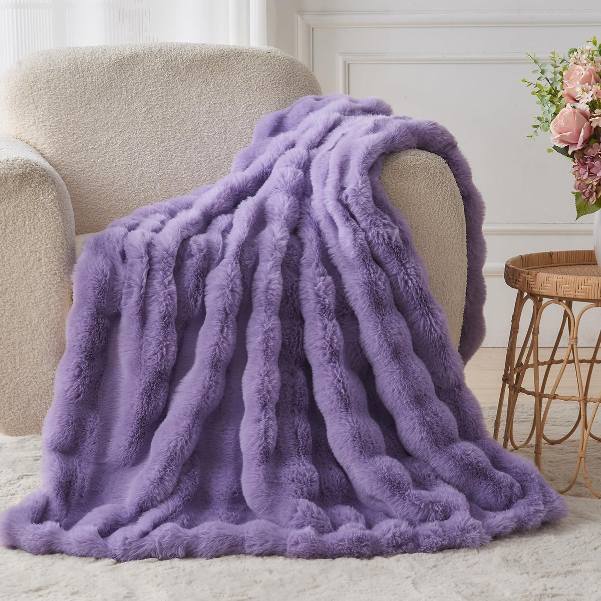 Lotus Karen Faux Fur Throw Blanket Purple - Big Bubble Rabbit Fluff Blanket for Couch Bed