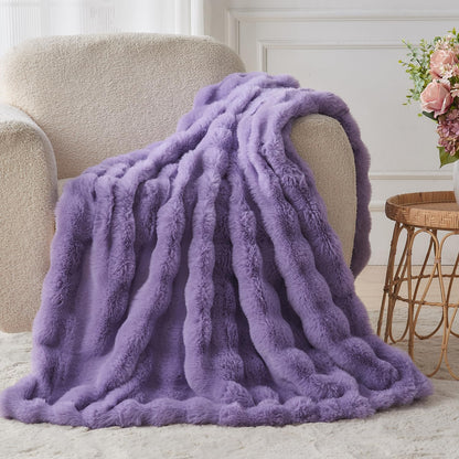 Lotus Karen Faux Fur Throw Blanket Purple - Big Bubble Rabbit Fluff Blanket for Couch Bed