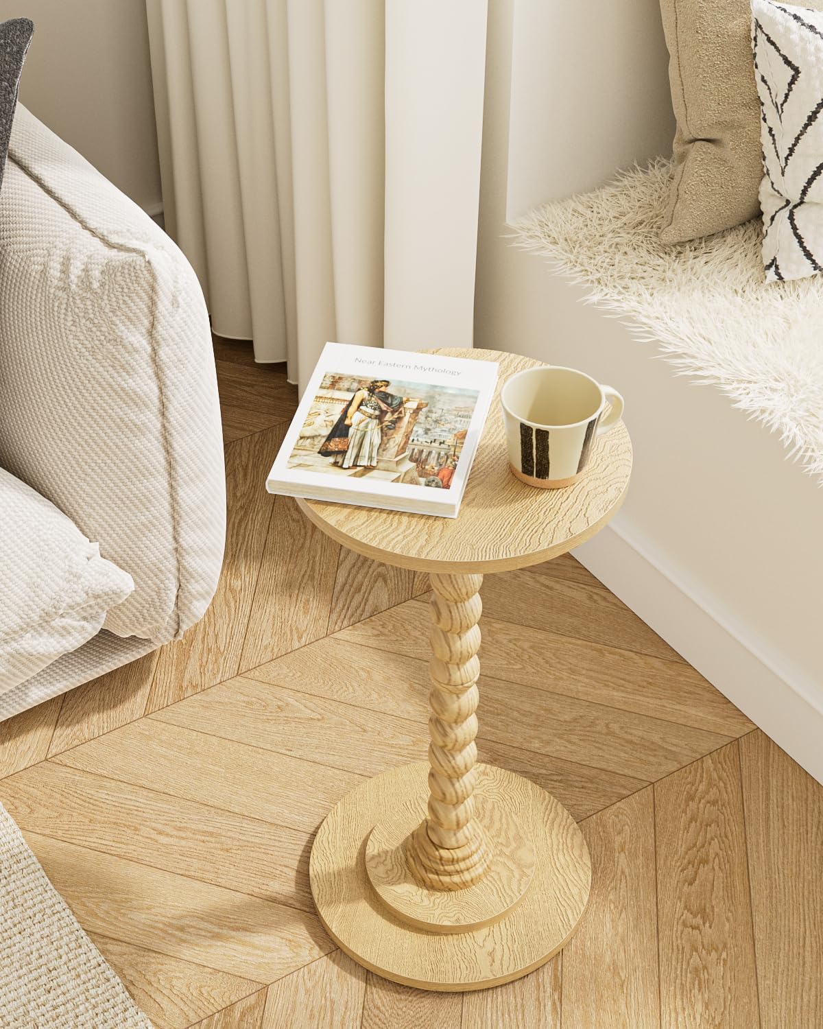 Masupu Round Side Table, Small End Table for Small Spaces, Pedestal Drink Table with Solid Wood Leg