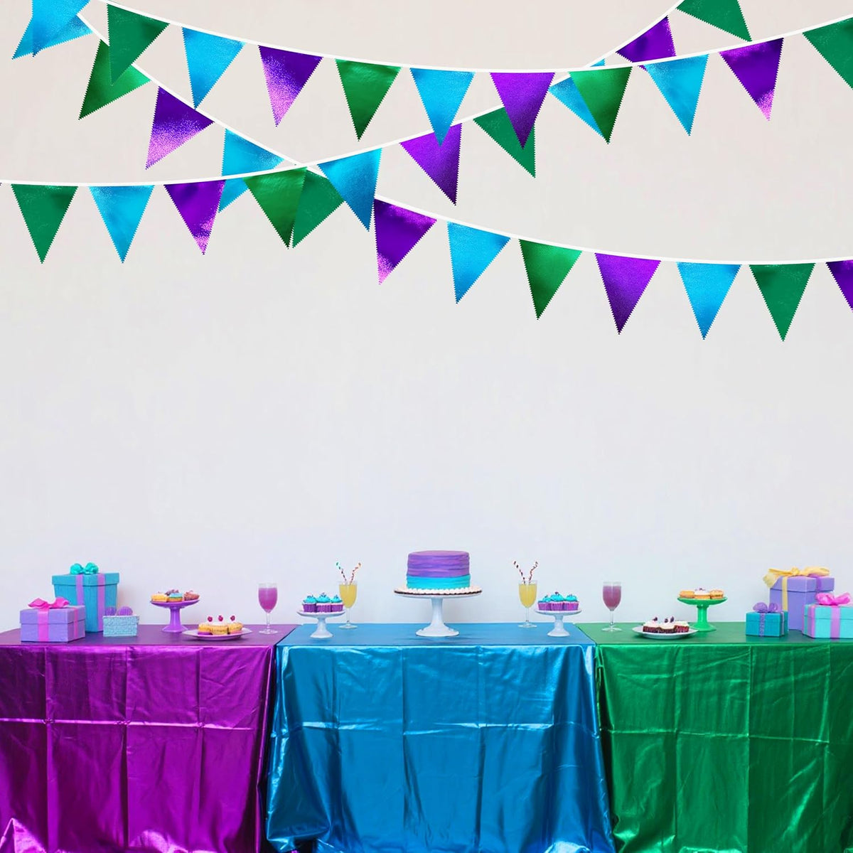 Blue Green Purple Party Decorations Metallic Fabric Triangle Pennant Banner Flag Bunting for Men