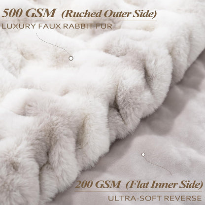Touchat Ruched Faux Rabbit Fur Throw Blanket, 700 GSM Luxury Dual-Sided Soft Cozy Blanket, Fuzzy