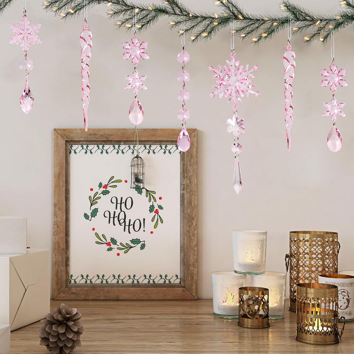 32pcs Crystal Christmas Ornaments for Christmas Tree Decorations-Pink Hanging Acrylic Snowflake and