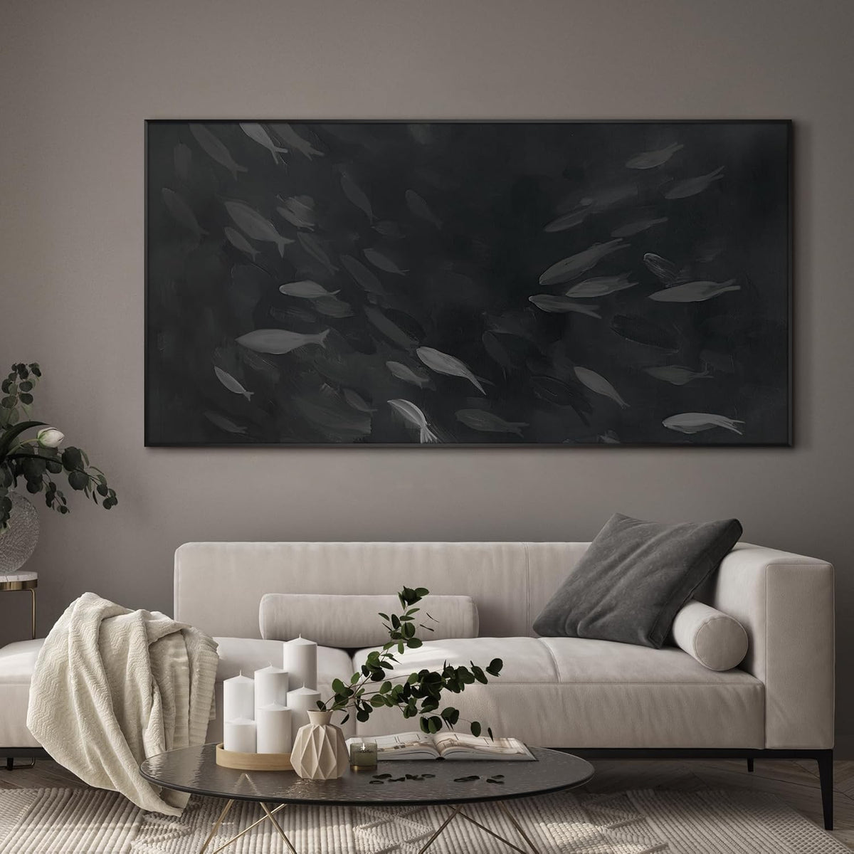 SIGNWIN 24"x46" Extra Large Framed Wall Art Monochrome Fish Silhouettes Illustration for Home