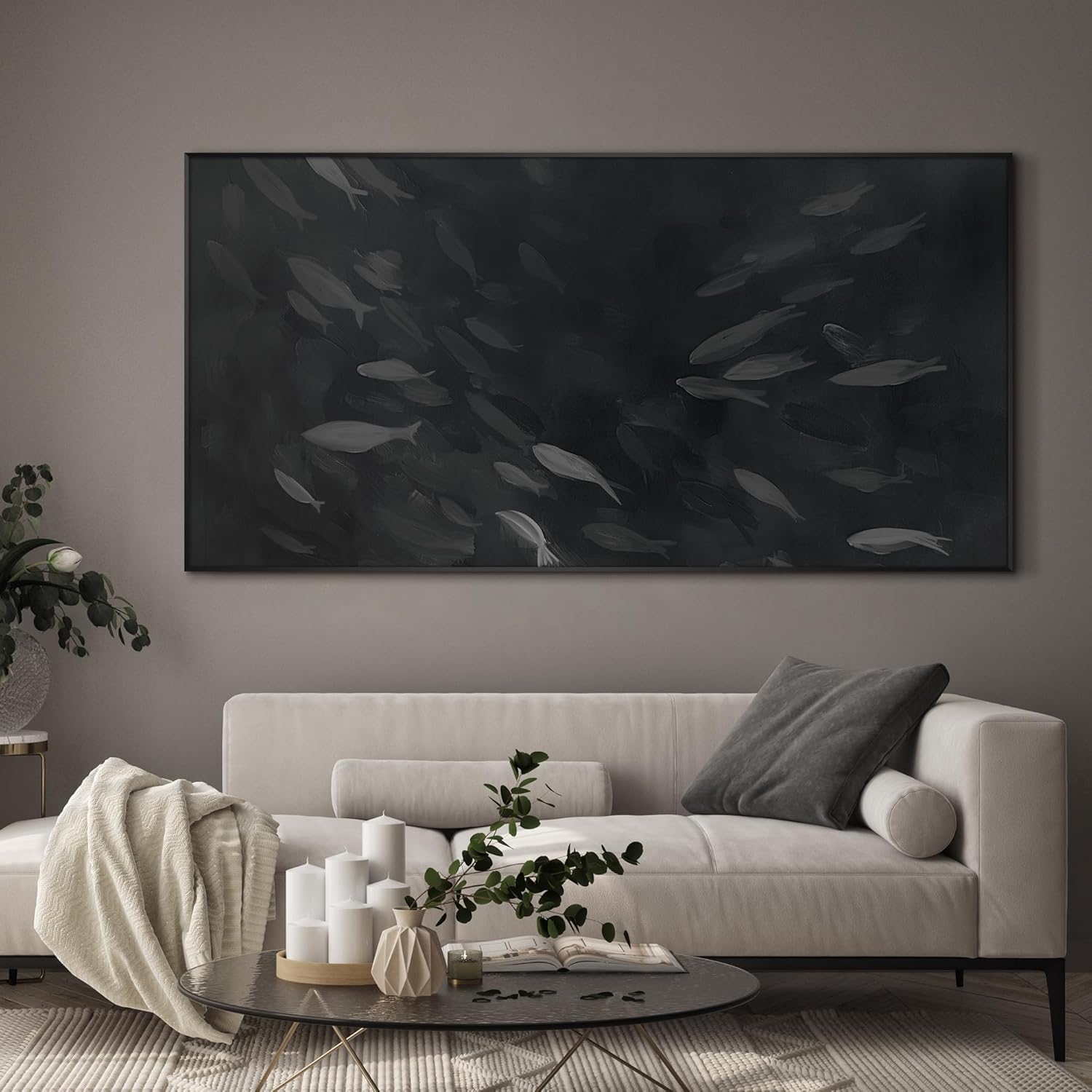 SIGNWIN 36"x72" Extra Large Framed Wall Art Monochrome Fish Silhouettes Illustration for Home