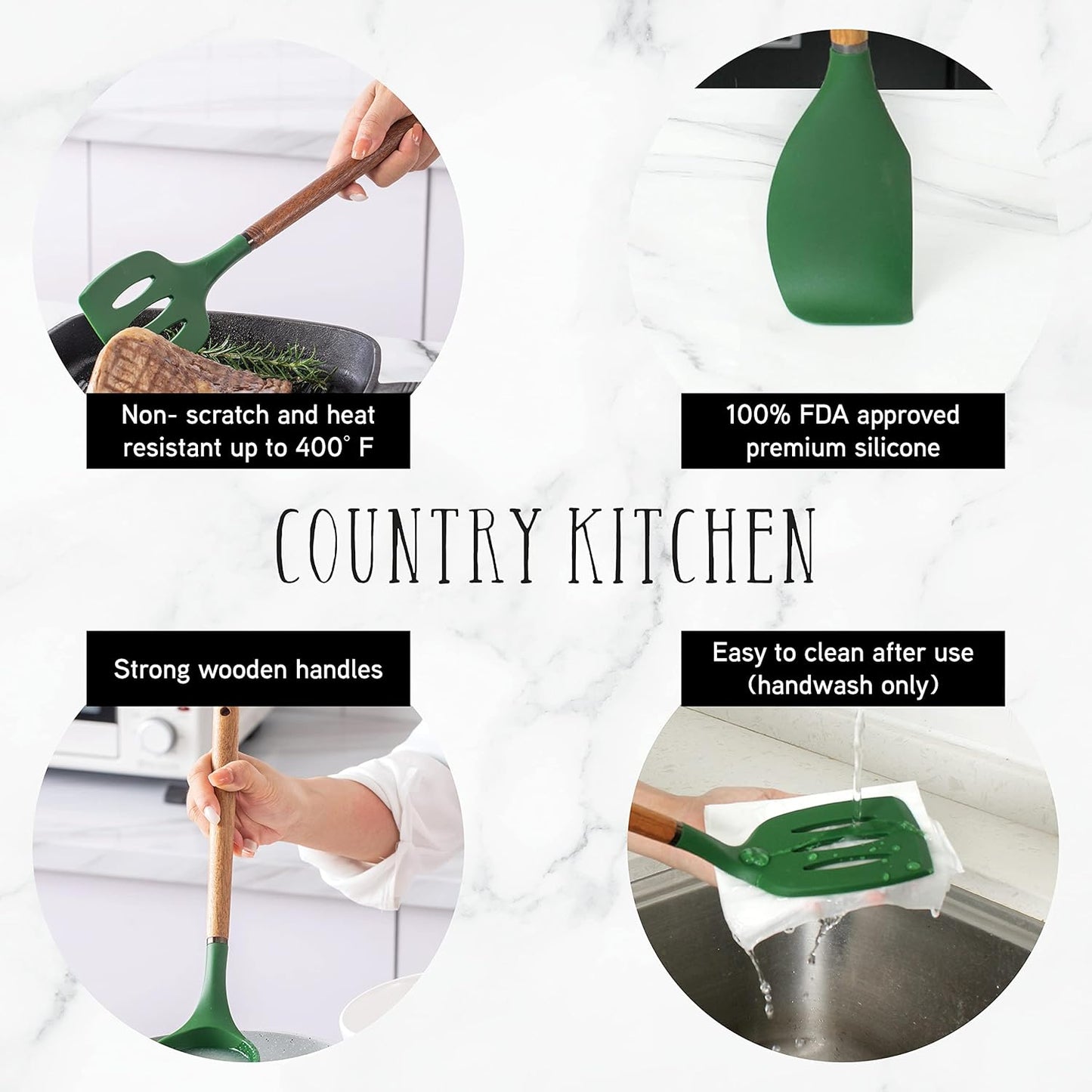 Country Kitchen Non Stick Silicone Utensil Set with Rounded Wood Handles for Cooking and Baking, 8