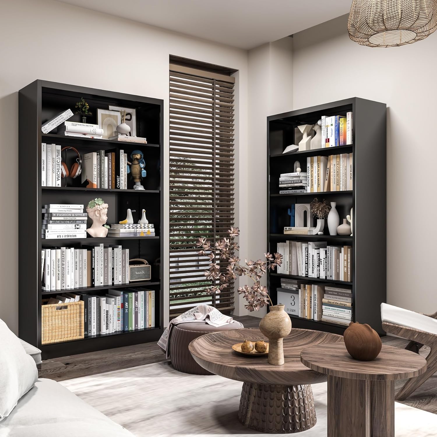 66" Tall Metal Bookcase, 5 Shelf Black Bookcase with Adjustable Shelves, Large Bookshelves and