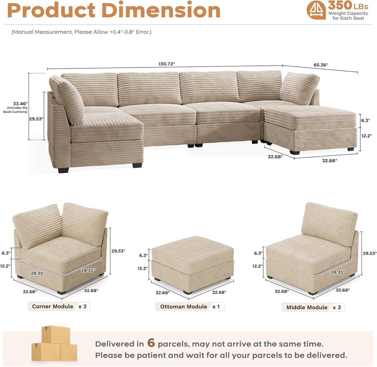 ovios Sectional Sofa Couch with U-Shape Chaise Sofa Bed, Comfy Modular Cloud Couches with Deep
