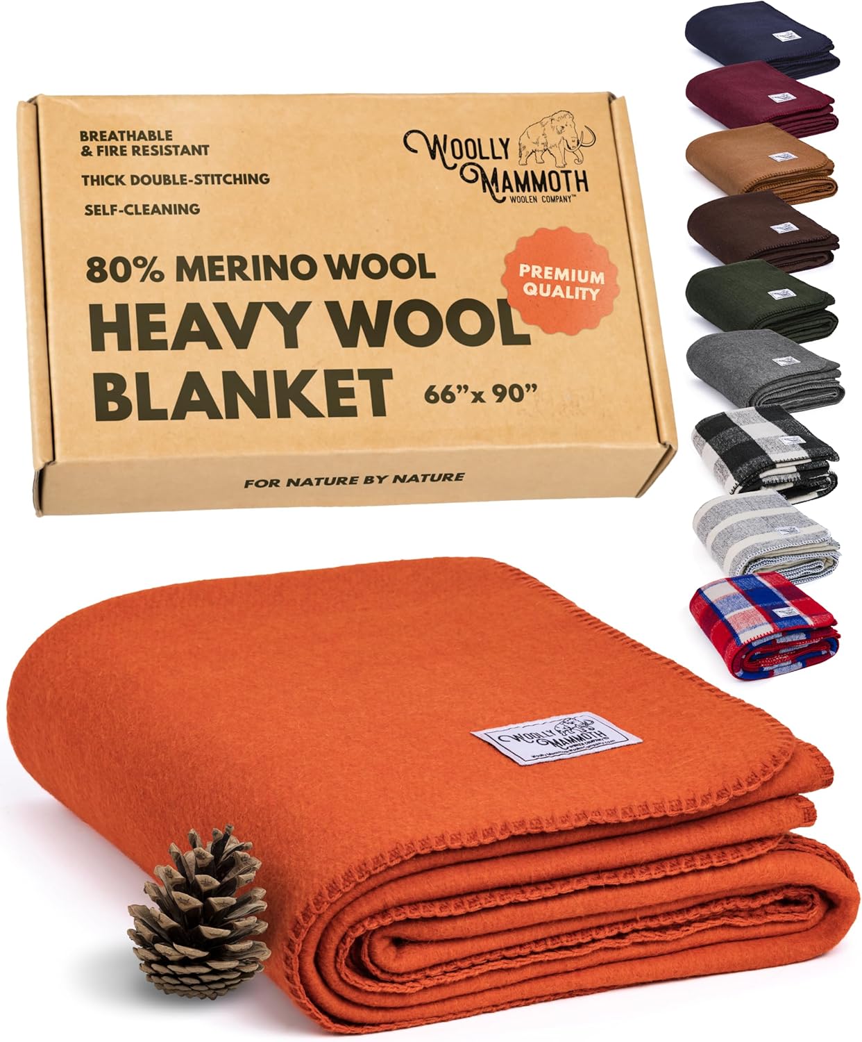 Woolly Mammoth Woolen Company Merino Wool Blanket - 66" x 90", 4 lb Orange - Heavyweight Insulated