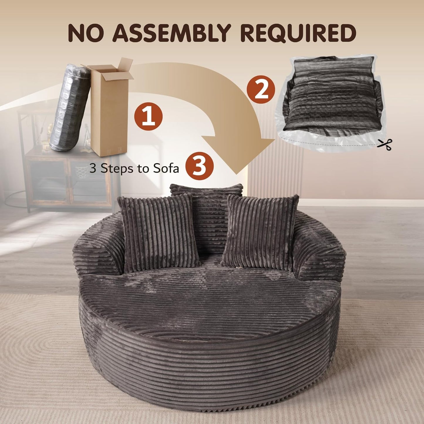 ovios 58" Oversized Round Chair Lounge Chaise Indoor, No Assembly Required, Cloud Large Circle