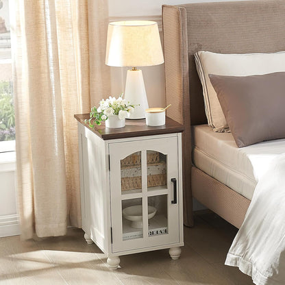 Narrow Side Table Set of 2,White Nightstand with Charging Station,End Table with Glass Barn Door