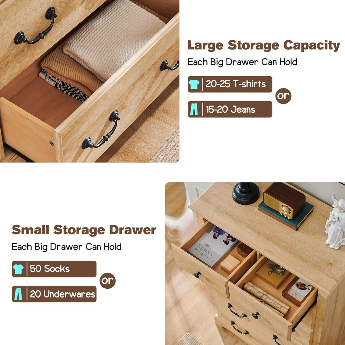 T4TREAM 6 Drawers Dresser Chests for Bedroom, 48" Tall Rustic Chset of Drawers, Wood Dressers