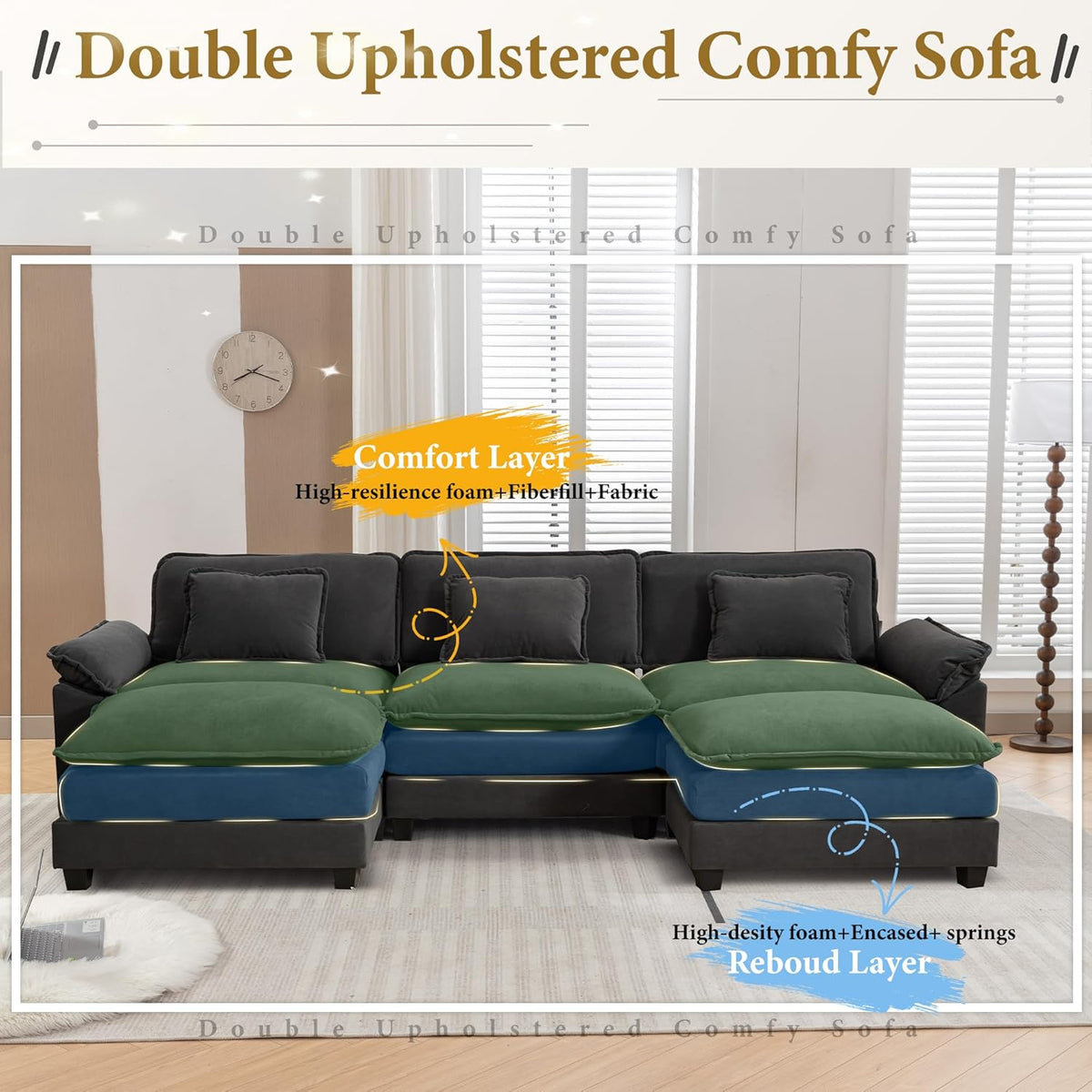 URRED Modular Sectional Sofa Comfy Cloud Couch, Modern Velvet Sofa Sleeper Deep Seat Couches with