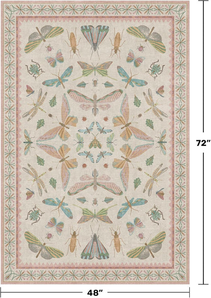 Neutral Girl Nursery Rug 4x6 - Beige & Pink Rugs for Bedroom, Living Room - Washable Low Pile