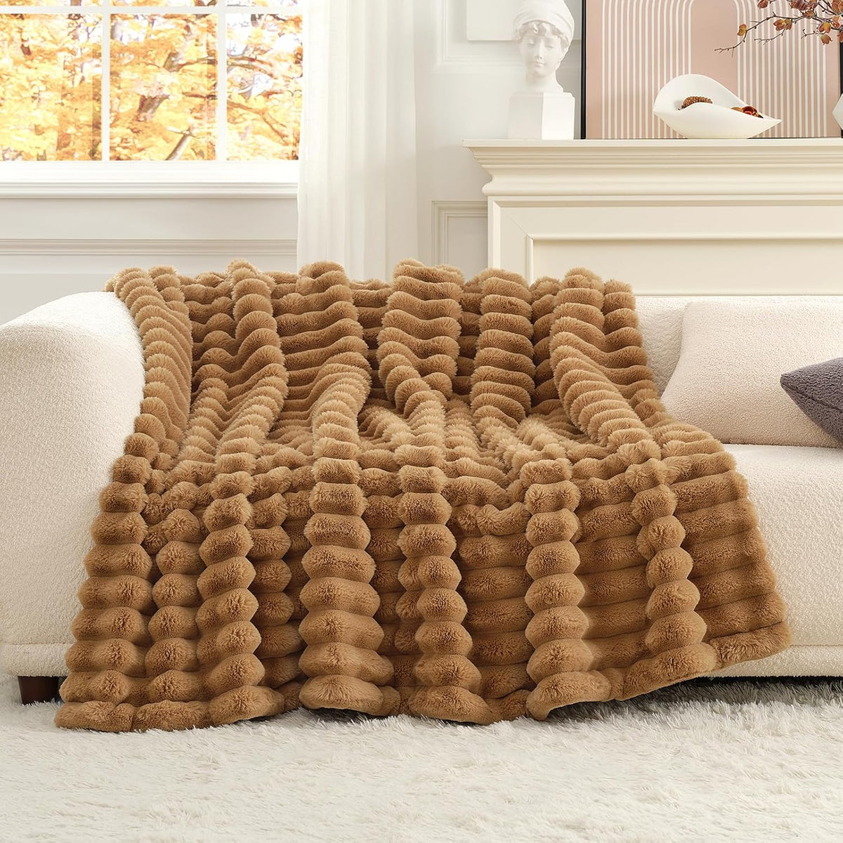 Cozy Bliss Faux Fur Throw Blanket for Couch, Cozy Warm Plush Striped Blanket for Sofa Bedroom