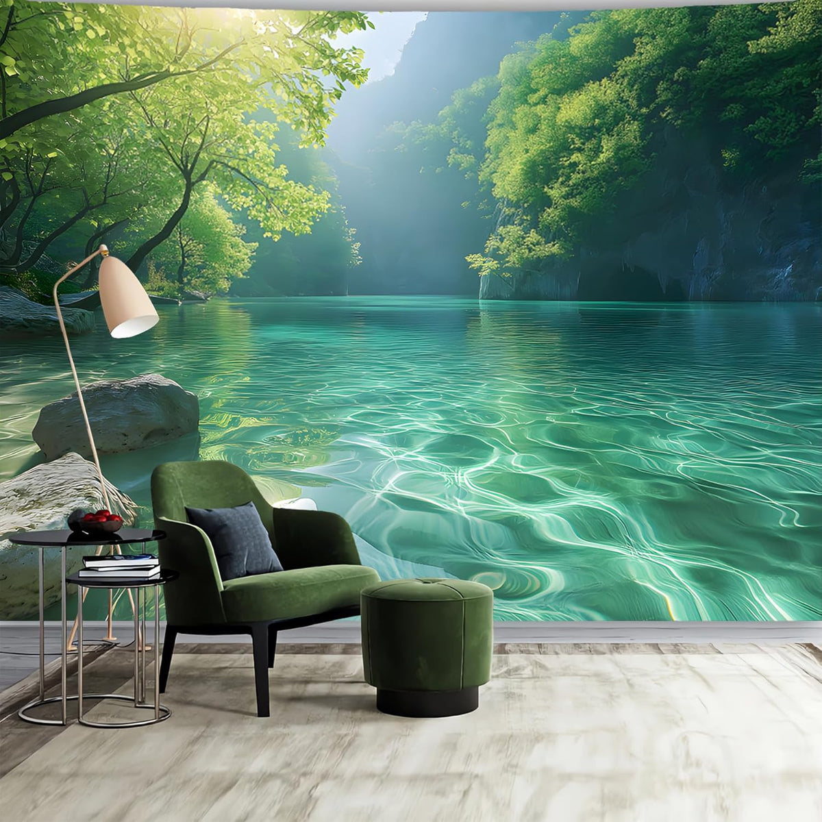 BSFHH Nature Tapestry Forest Tree Sea Cave Wall Hanging, Stream Through Rainforest Landscape Wall