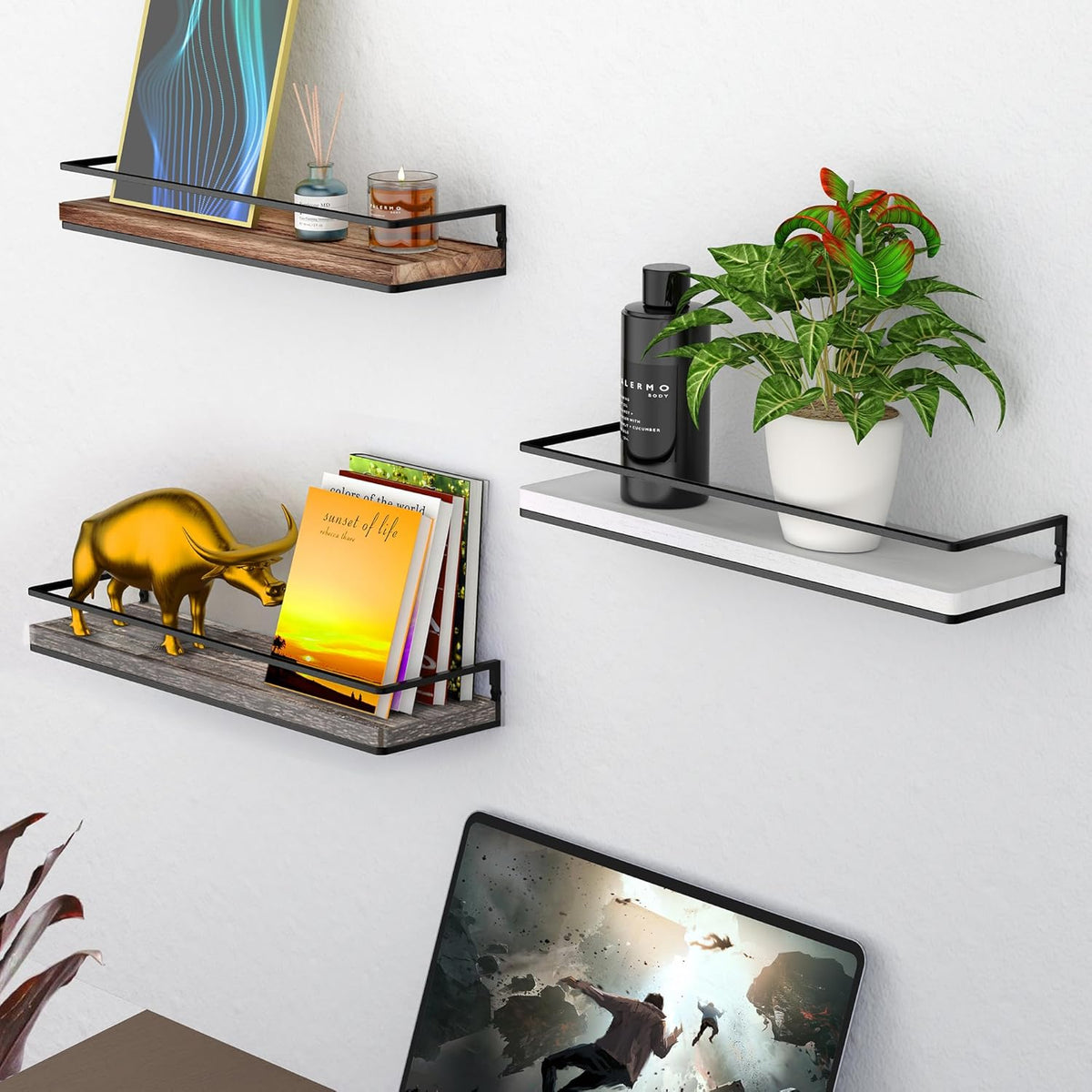 Meangood Floating Shelves Wall Mounted Set of 2, Rustic Wood Wall Storage Shelves for