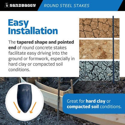 Sandbaggy Round Steel Concrete Form Stakes with Nail Holes - Rust Resistant Coating - Removable
