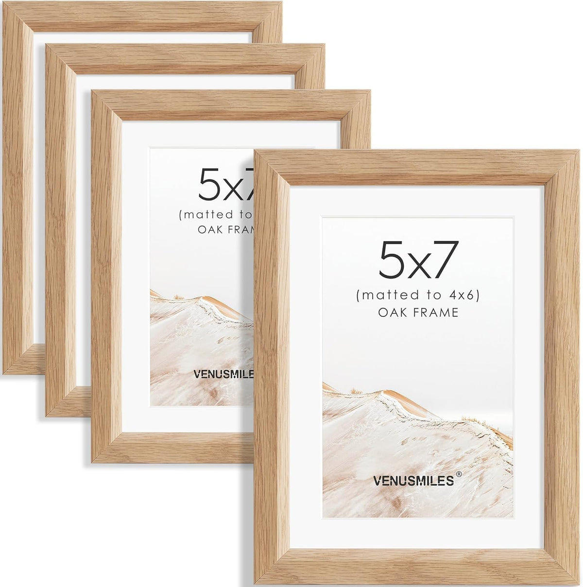 5x7 Picture Frame Set of 4 Natural Solid Oak Photo Frames with 4x6 Removable Mat Wall Hanging Large