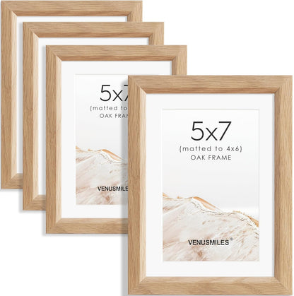 5x7 Picture Frame Set of 4 Natural Solid Oak Photo Frames with 4x6 Removable Mat Wall Hanging Large