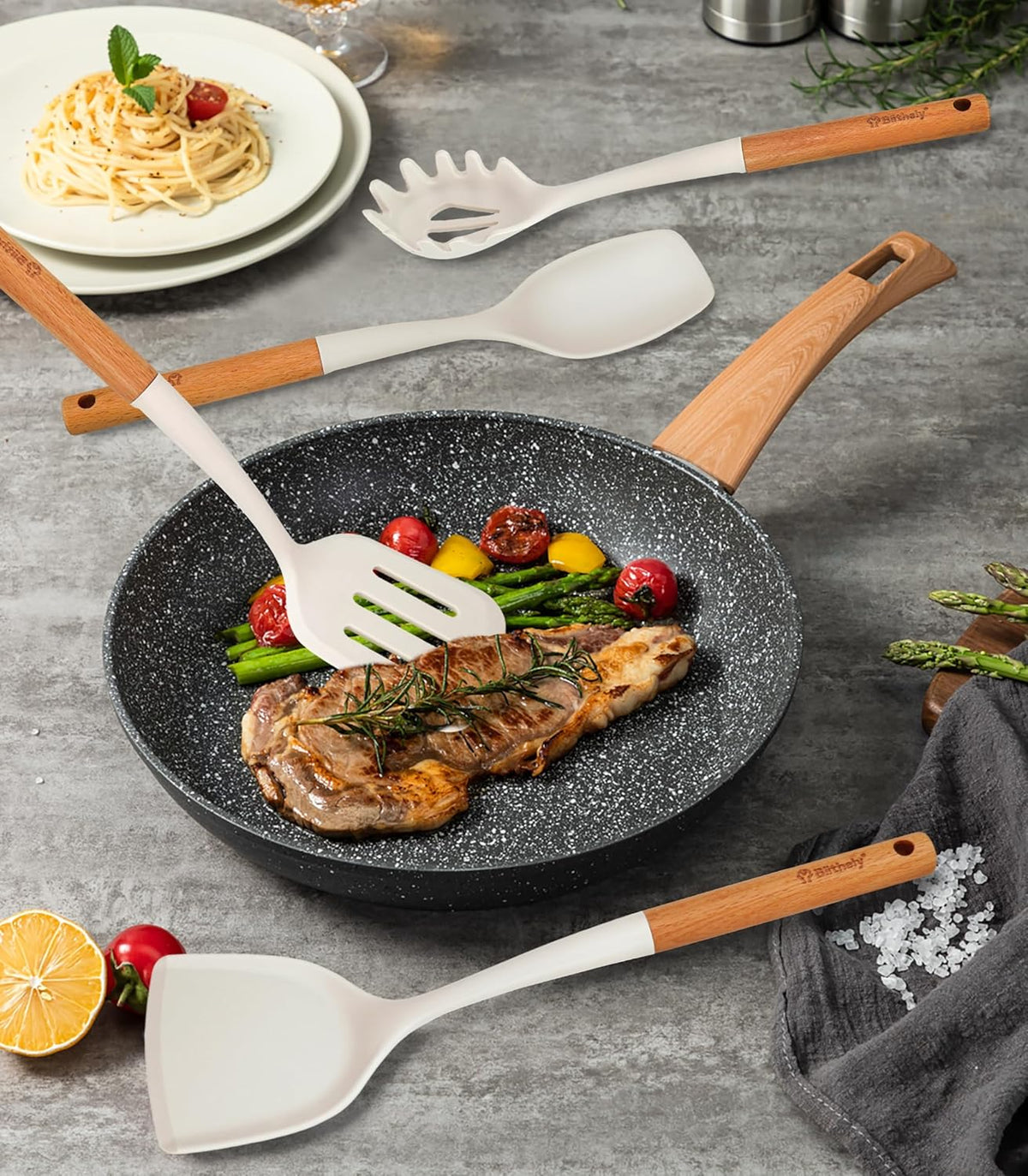 Silicone Cooking Utensils Set, 6 Pack Large Kitchen Utensils Set with Wooden Handle, Heat Resistant