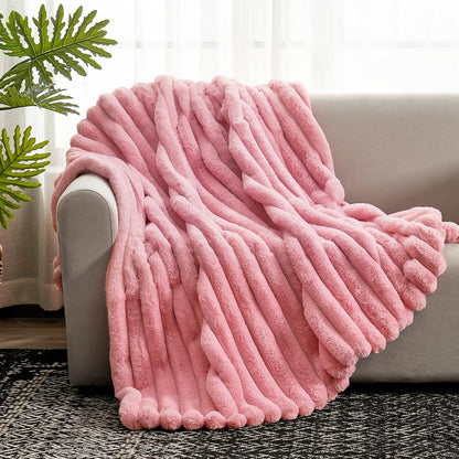 Cozy Bliss Faux Fur Throw Blanket for Couch, Cozy Warm Plush Striped Blanket for Sofa Bedroom