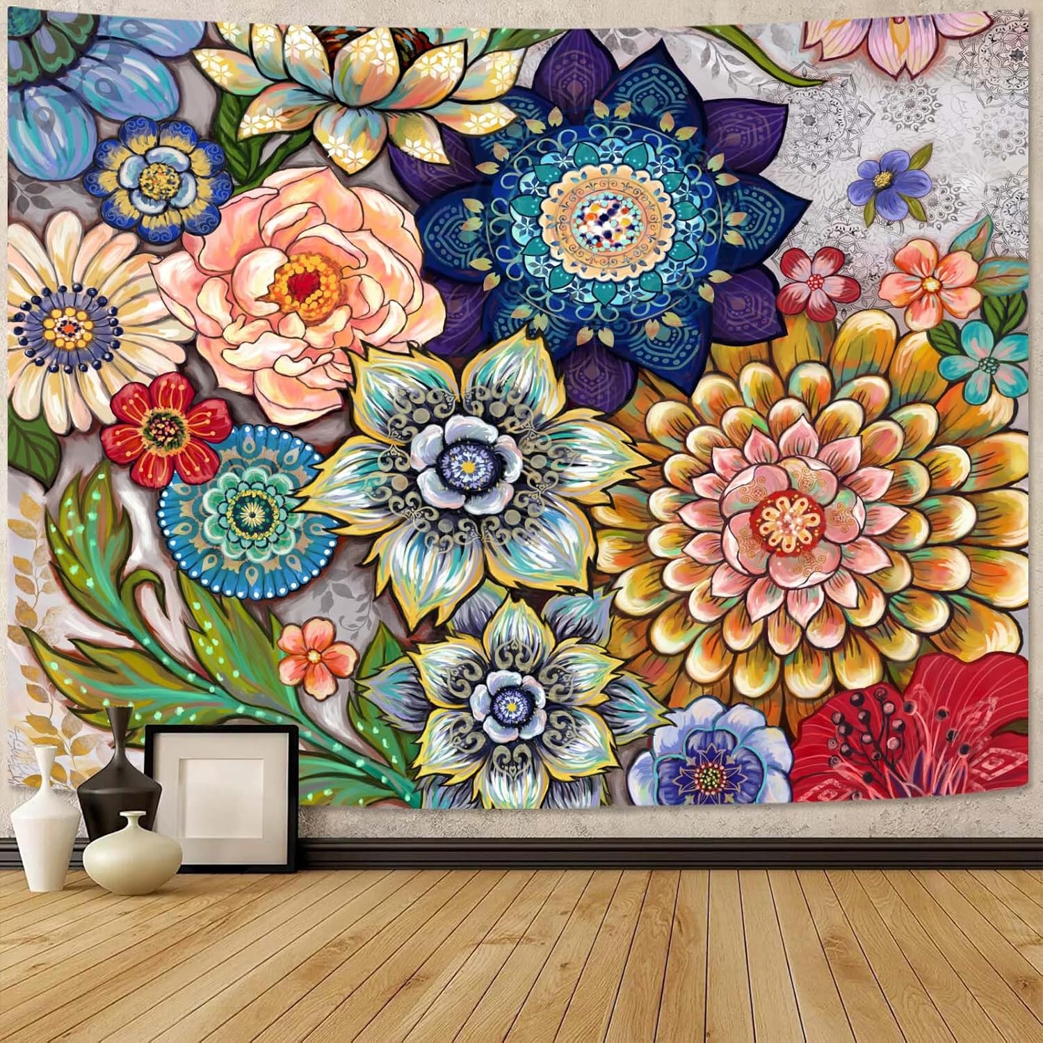 Neasow Colorful Floral Tapestry Wall hanging, Bright Boho Fabric Blossom Tapestries, Multi Color