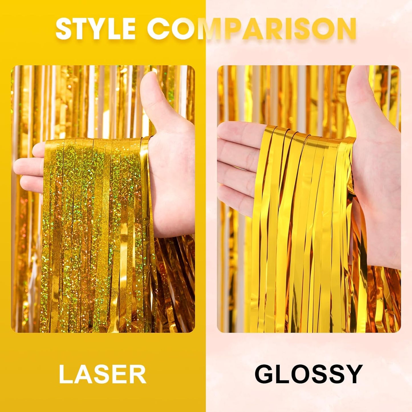 3 Pack 3.3 x 8.2 ft Laser Gold Foil Fringe Backdrop Curtains, Tinsel Streamers Birthday Party