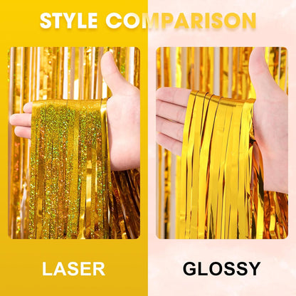 3 Pack 3.3 x 8.2 ft Laser Gold Foil Fringe Backdrop Curtains, Tinsel Streamers Birthday Party