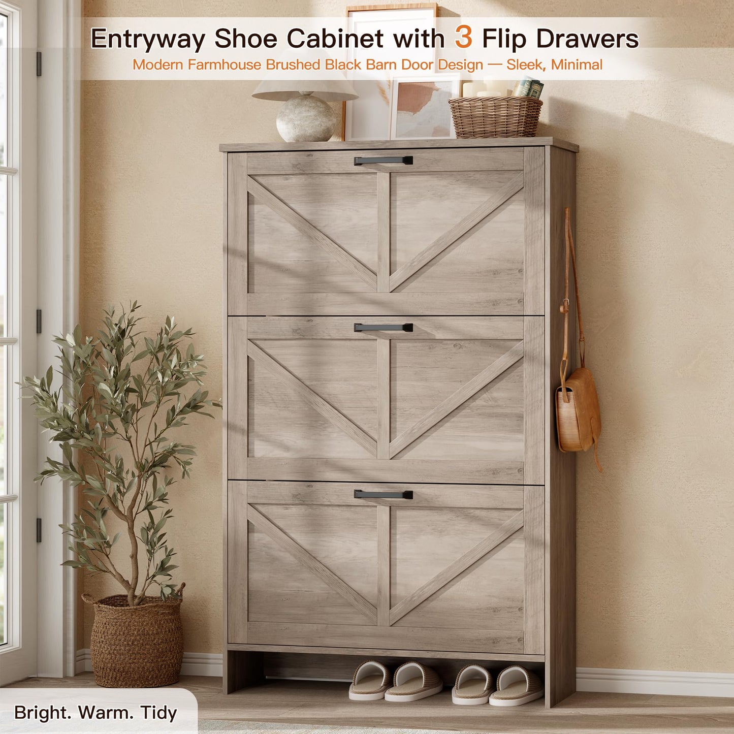 Nicetree Shoe Cabinet for Entryway, 3 Flip Drawers Shoe Storage Cabinet with 3-Tier Adjustable