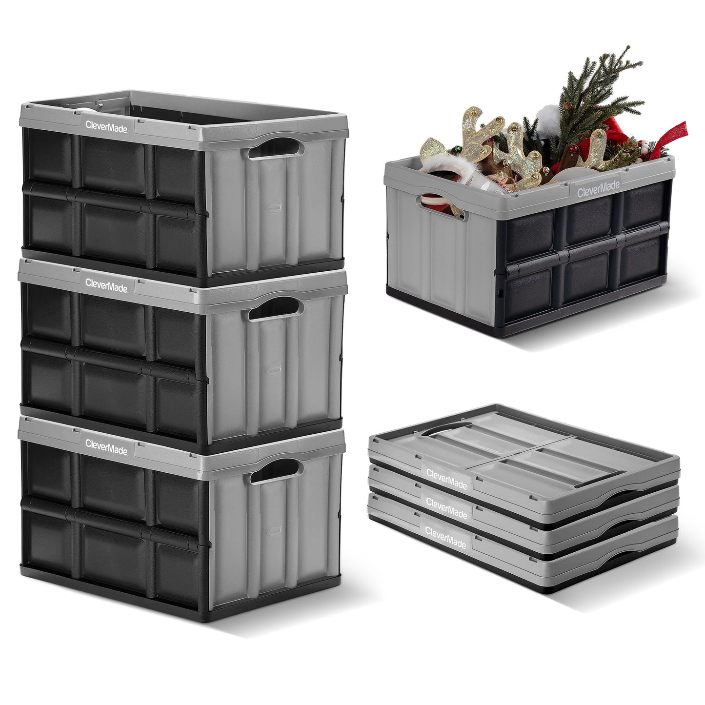 CleverMade Collapsible Storage Bins, 46L, 3 Pack Foldable Storage, Stone