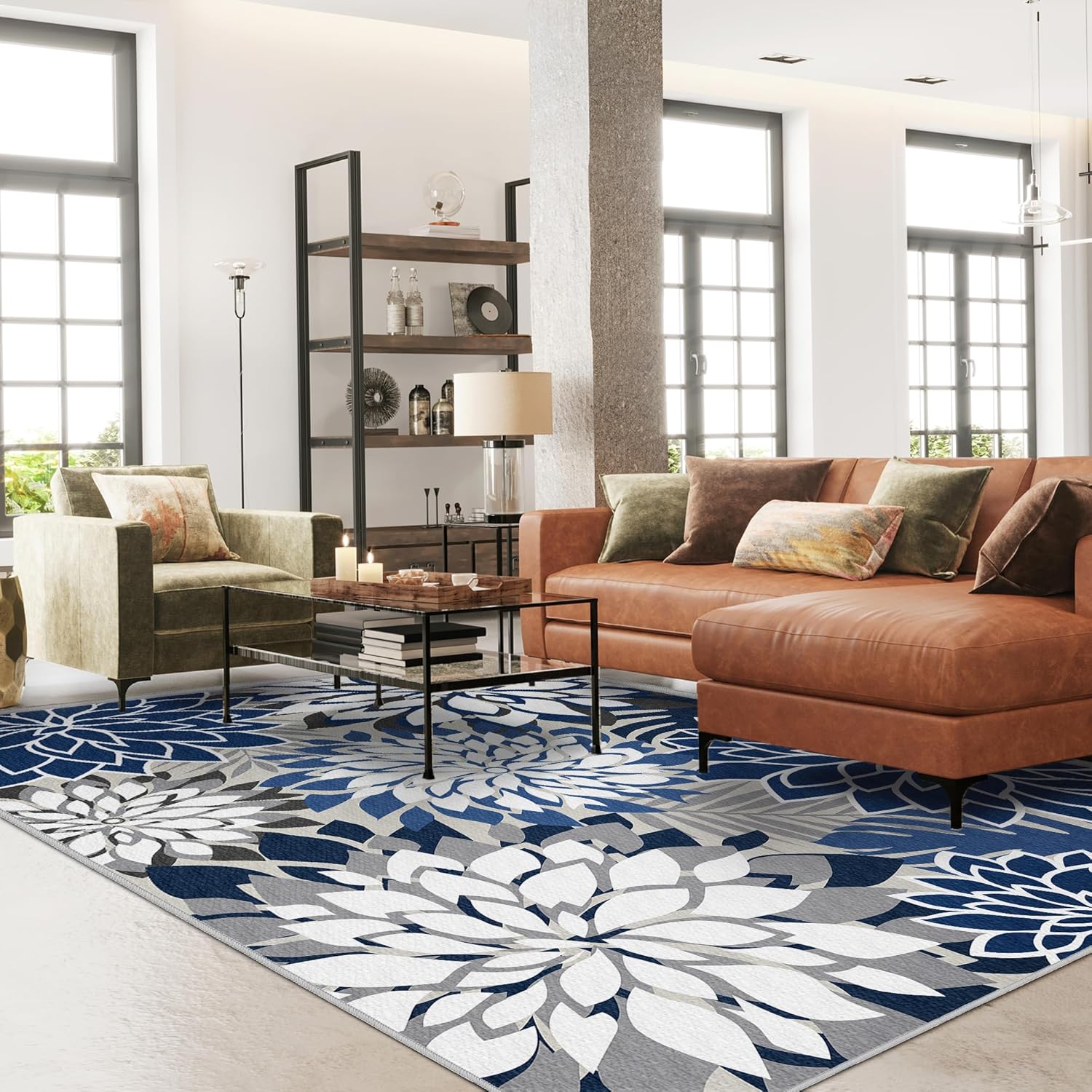 Indoor Outdoor Area Rug Washable Multicolored Patio Rug Tropical Botanical Modern Floral Indoor