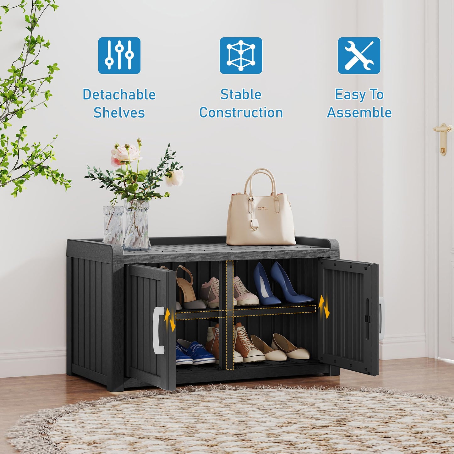 KAMABOKO Outdoor Shoe Storage Cabinet, Waterproof UV-Resistant Entryway Storage Bench Indoor