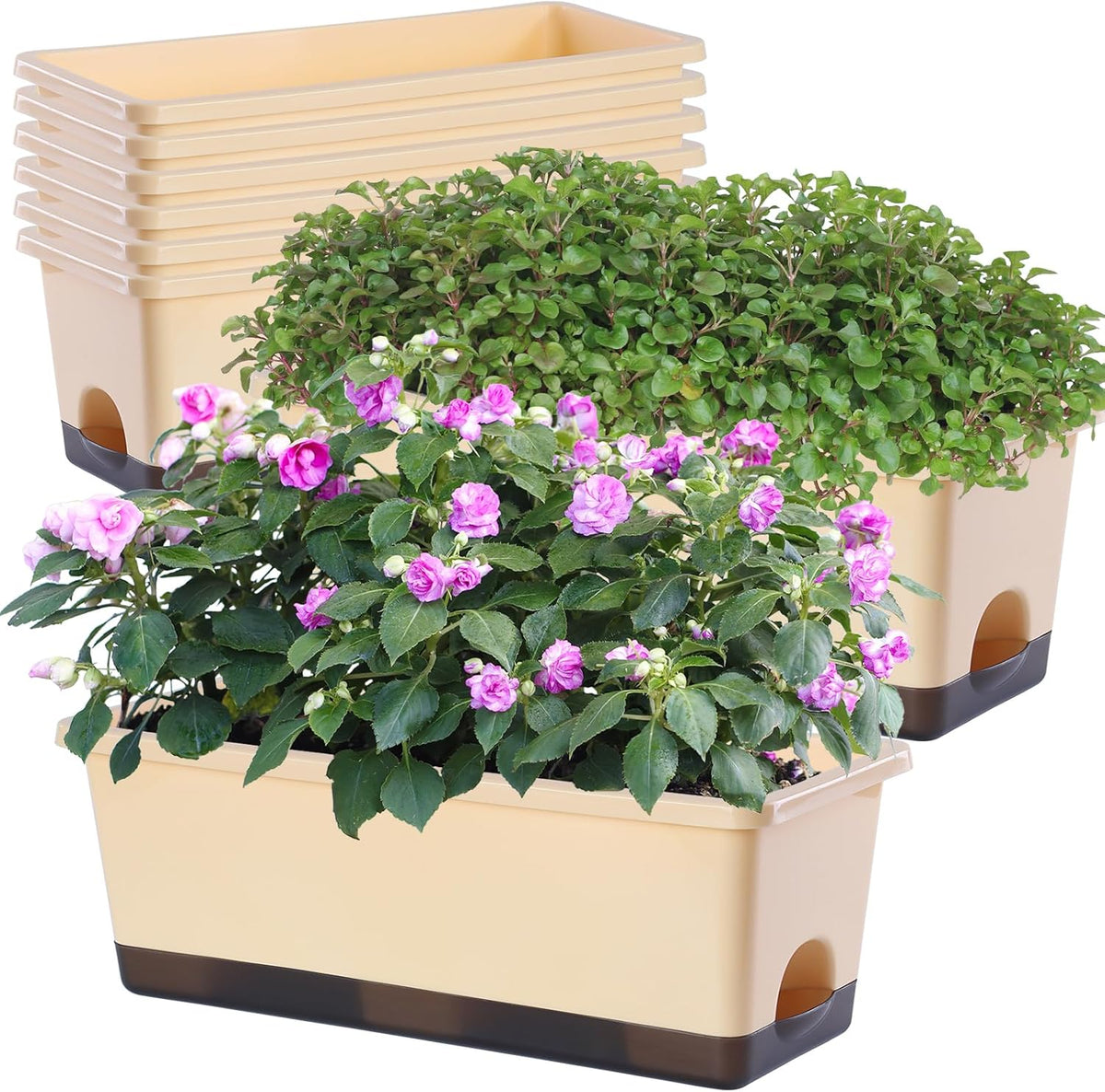 Window Box Planter 8 Pcs, 17 Inches Rectangle Flower Pots with Drainage Holes and Trays, Vegetable