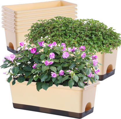 Window Box Planter 8 Pcs, 17 Inches Rectangle Flower Pots with Drainage Holes and Trays, Vegetable