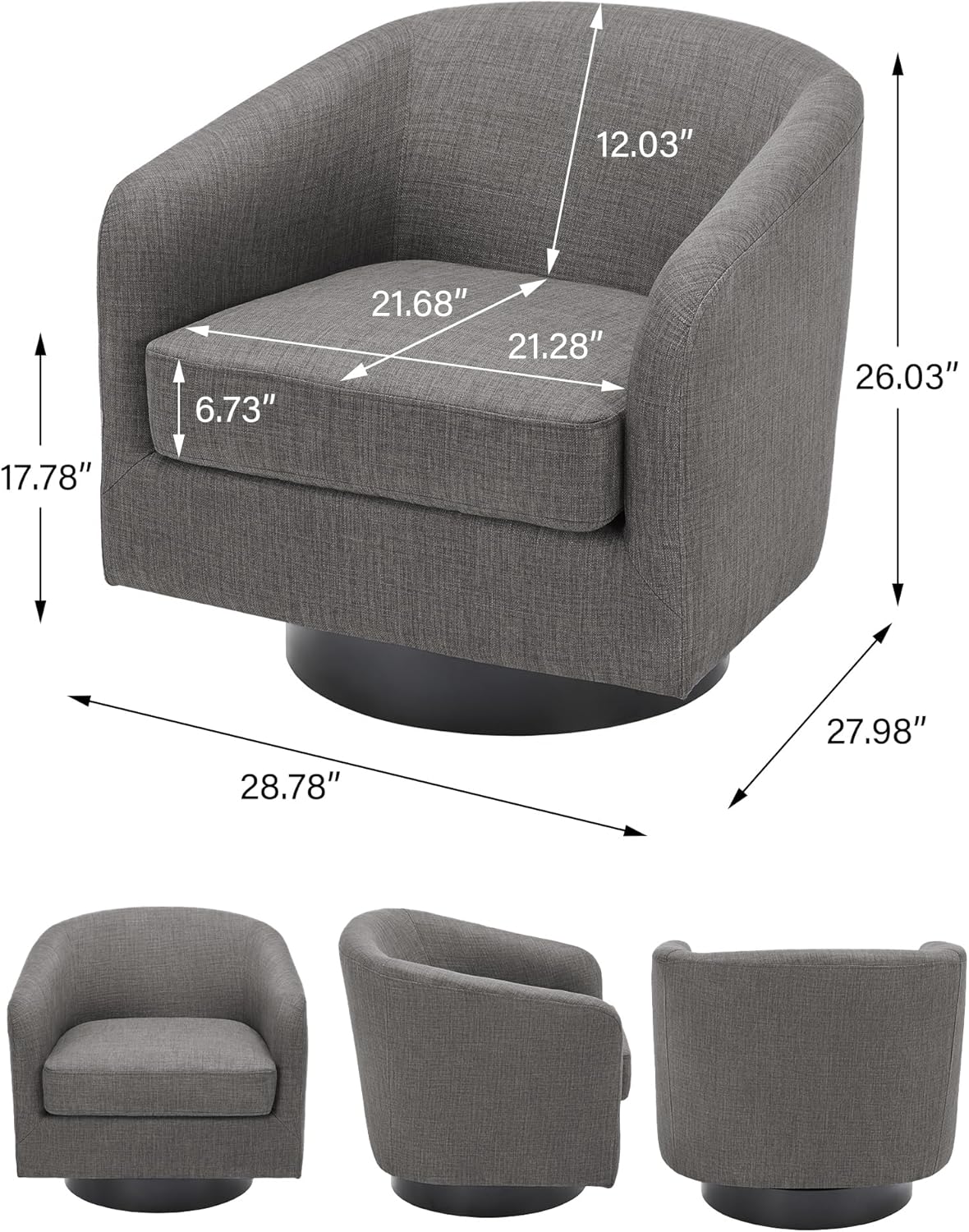 Swivel Barrel Accent Chair, Modern Round Linen Arm Chair for Living Room, Bedroom, Comfy Club