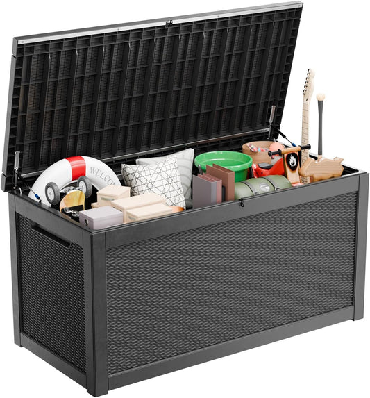 260 Gallon Large Resin Deck Box, Lockable Outdoor Storage Box for Patio Cushions Storage