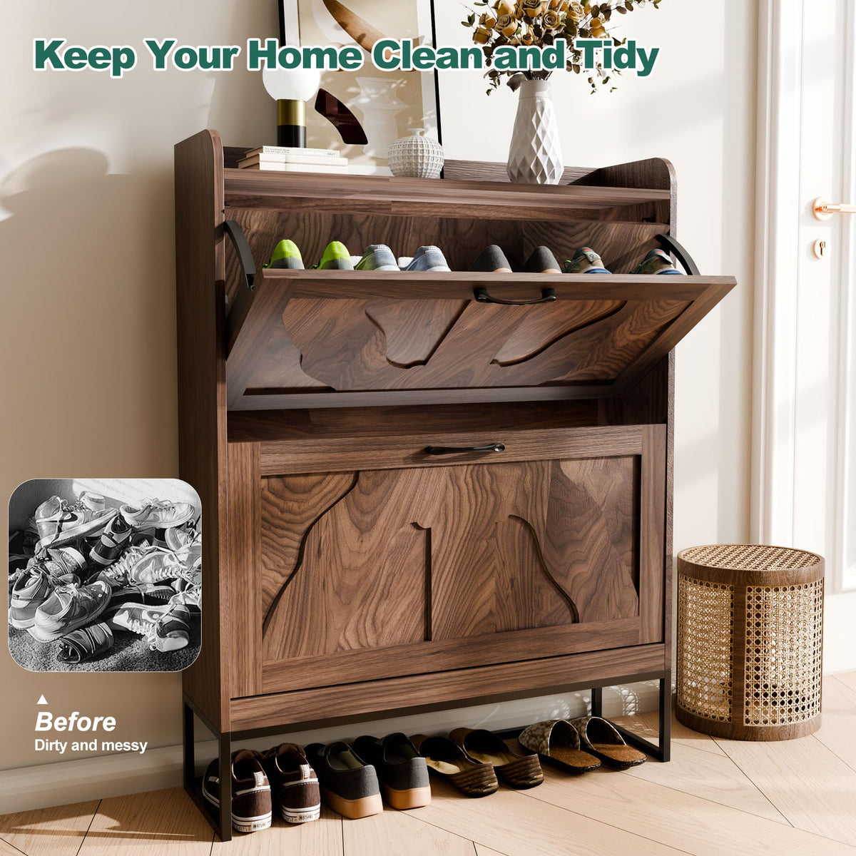 infurnic Shoe Storage Cabinet with 2 Flip Drawers, Narrow Shoe Cabinet for Entryway, Freestanding