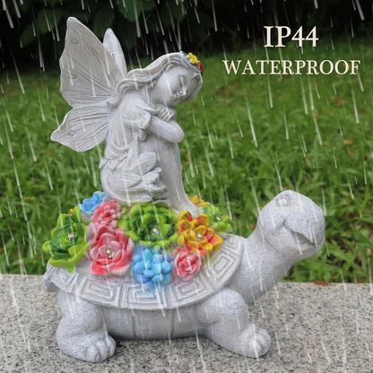 Garden Statues Outdoor Decorations Solar Turtle Angels Decor with Succulents LED Lights Garden