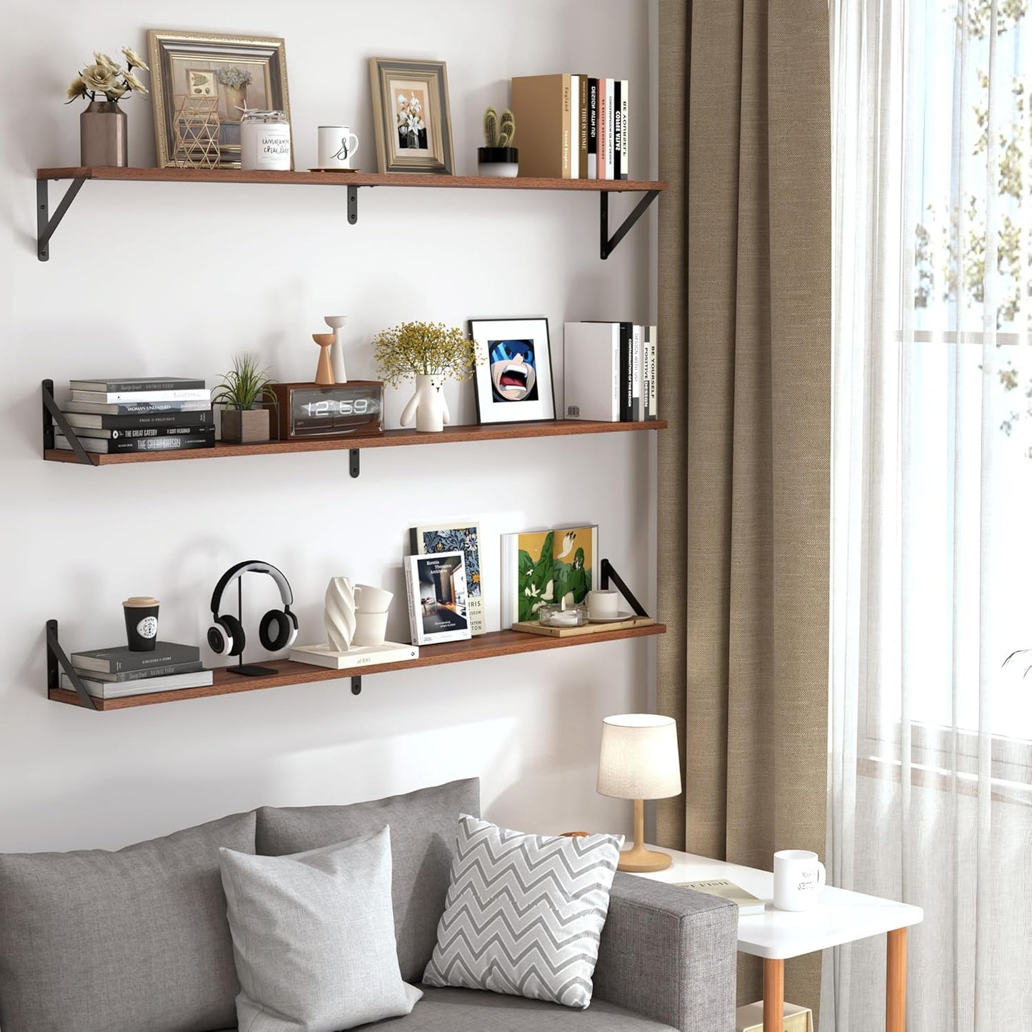 Heimlove 48 Inch Large Wall Bookshelves Set of 3, Wall Mounted Bookshelves,Heavy Duty Wooden