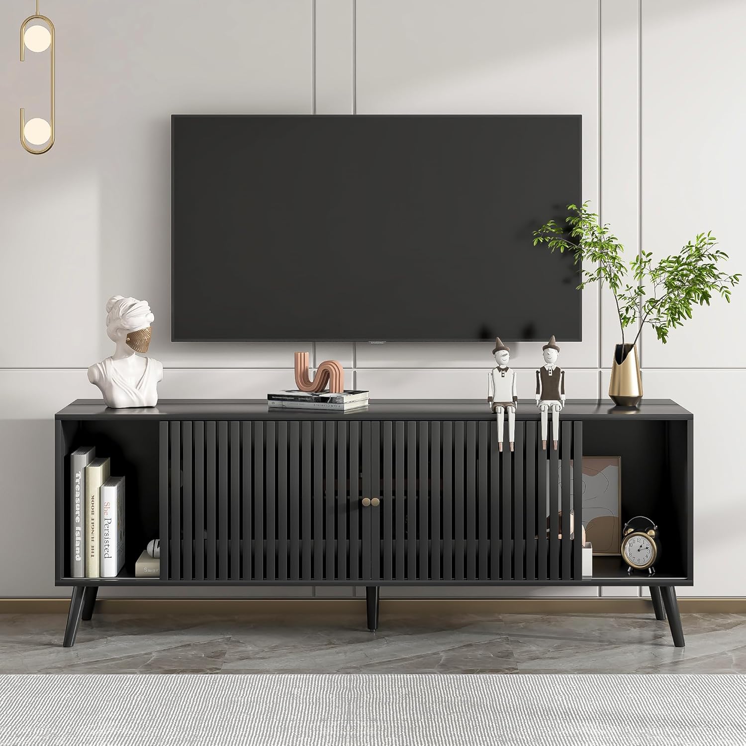 Mid Century Modern TV Stand for Televisions up to 70 Inches, with Sliding Doors and Storage