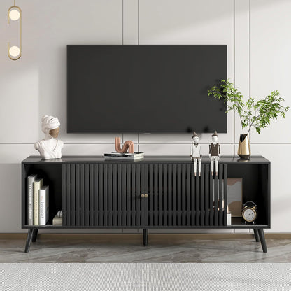 Mid Century Modern TV Stand for Televisions up to 70 Inches, with Sliding Doors and Storage