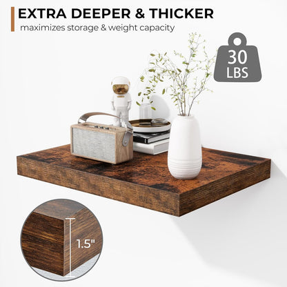 Fun Memories Floating Shelves - 2 Pack 12 Inch Deep Rustic Wooden Wall Shelves - Extra Deeper &