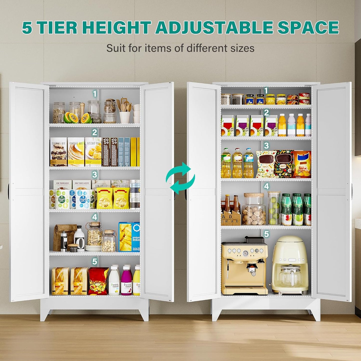 75" Tall Pantry Cabinet,Farmhouse Kitchen Pantry Storage Cabinets with 2 Doors and 5 Shelves,White