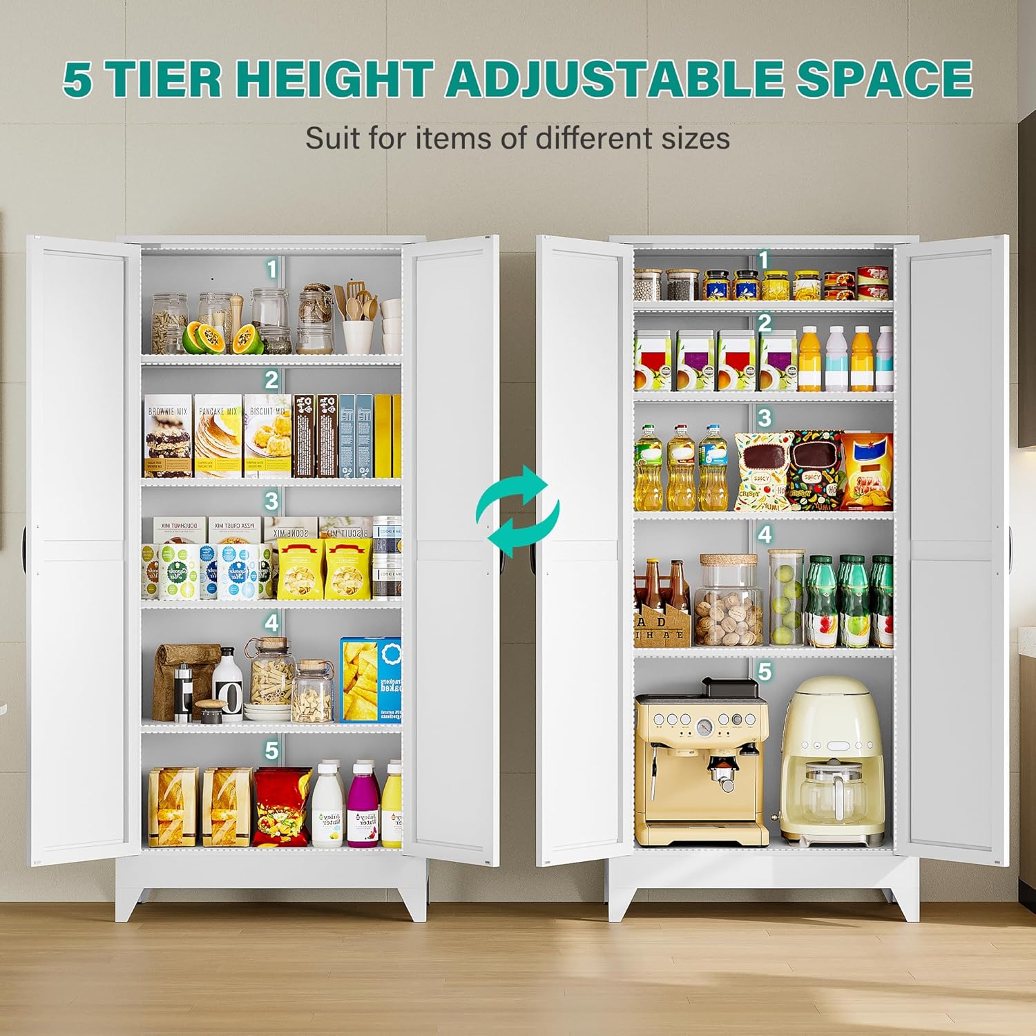 75" Tall Pantry Cabinet,Farmhouse Kitchen Pantry Storage Cabinets with 2 Doors and 5 Shelves,White