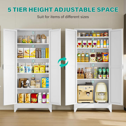 75" Tall Pantry Cabinet,Farmhouse Kitchen Pantry Storage Cabinets with 2 Doors and 5 Shelves,White