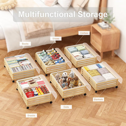 Under Bed Storage with Wheels-Large Bamboo Underbed storage Containers with Large Dust Bag
