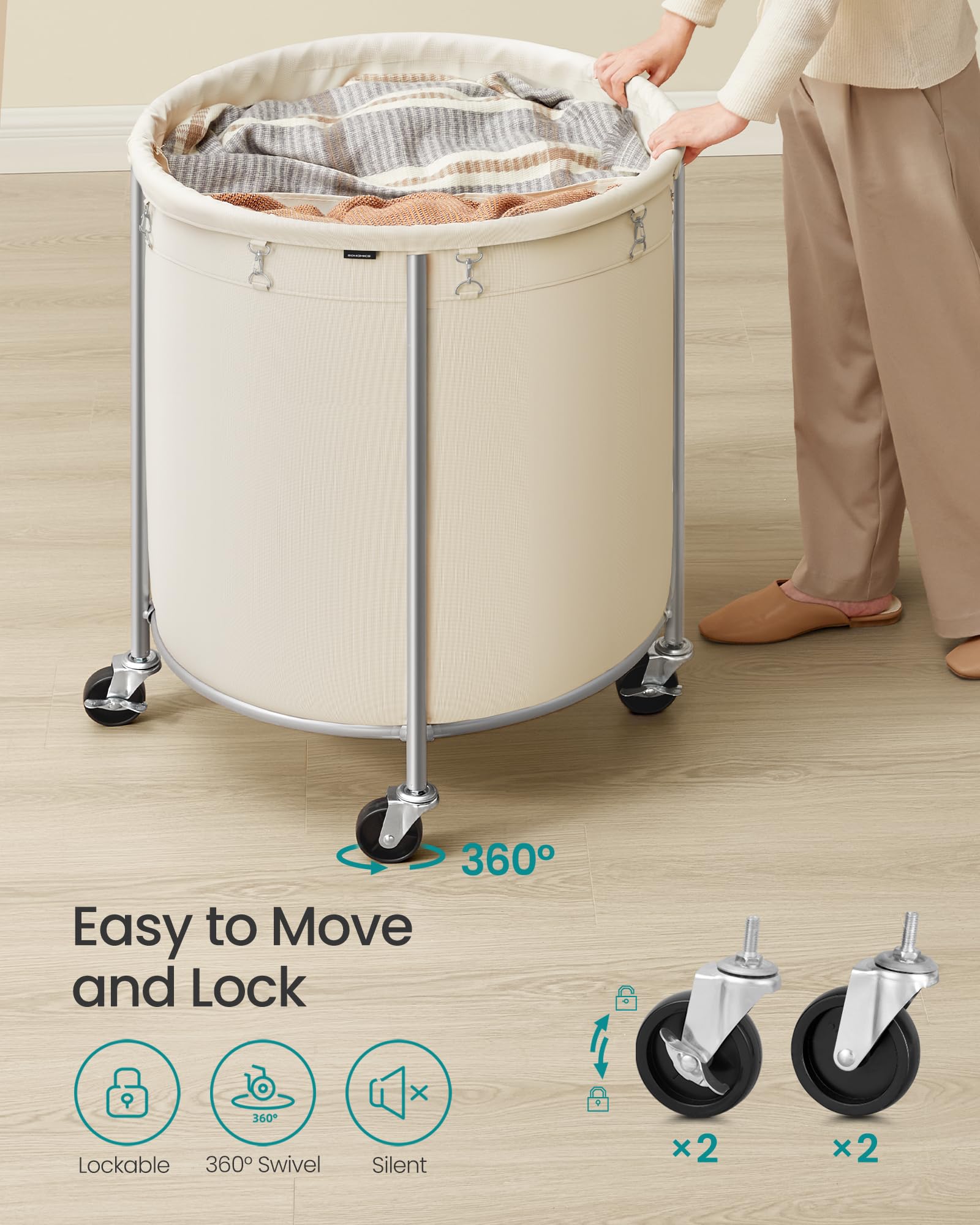 SONGMICS Laundry Basket, Rolling Steel Frame with 2 Locking Wheels, 240 L